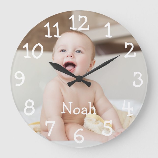 Personalized Baby Photo Name Große Wanduhr (Vorderseite)