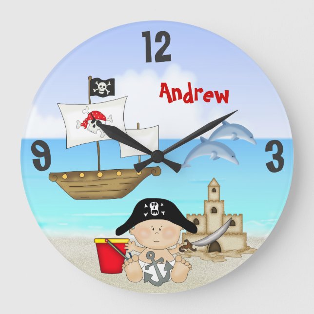 Personalized Baby Pirate Beach Wall Clock Große Wanduhr (Vorderseite)
