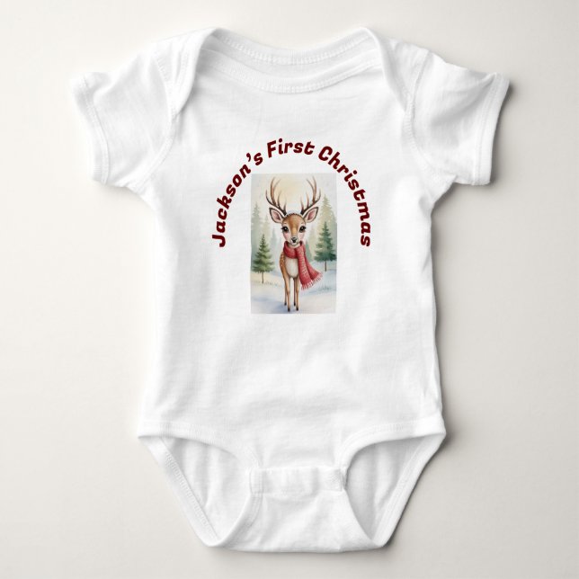 Personalized “Baby’s First Christmas”, Xmas Deer Baby Strampler (Vorderseite)