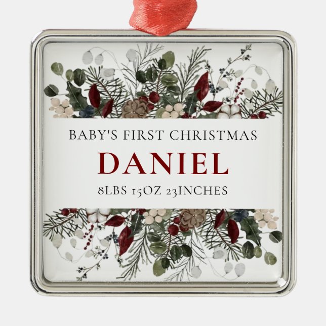 Personalized Baby's 1st Christmas Winter Floral  Ornament Aus Metall (Vorne)