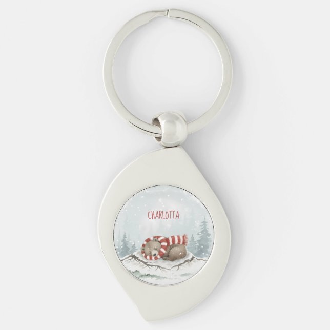 personalized badge sleeping bear winter animal cus schlüsselanhänger (Vorderseite)