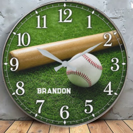 Personalized Baseball Bat and Ball on Green Field Große Wanduhr