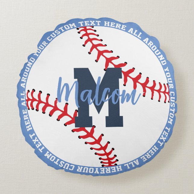 Personalized Baseball Sports Kids Blue Rundes Kissen (Vorderseite)