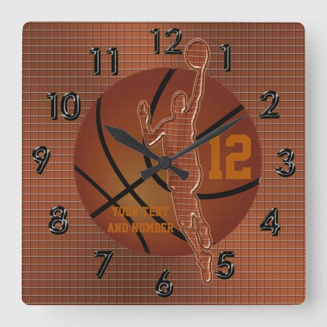 Personalized Basketball Clocks w/ NAME and NUMBER Quadratische Wanduhr (Vorderseite)