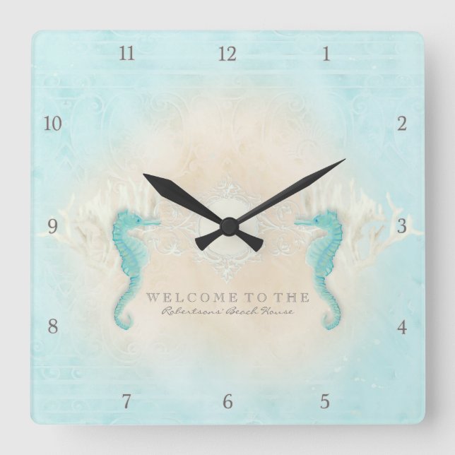 Personalized Beach House Welcome Sign Seahorses Quadratische Wanduhr (Vorderseite)