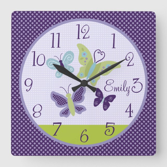 Personalized Beautiful Butterflies Nursery Clock Quadratische Wanduhr (Vorderseite)