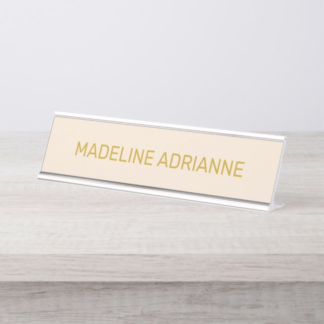 Personalized Beige & Gold Modern Desk Name Plate Schreibtischnamensplakette (Vorderseite )