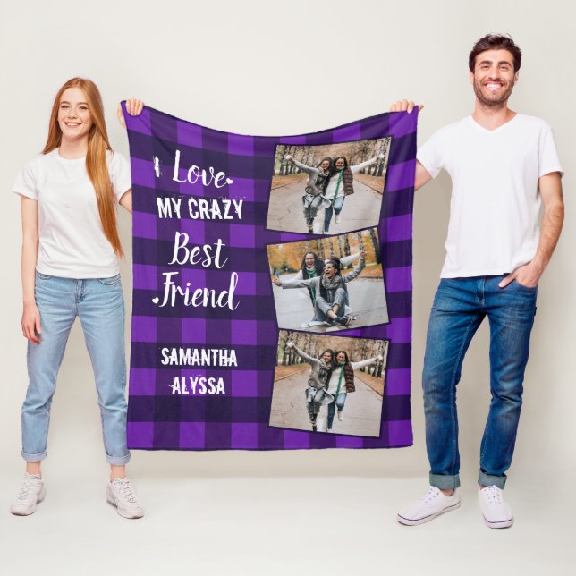 Personalized Best Friend Chic Purple Plaid 3 Photo Fleecedecke (Beispiel)