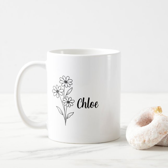Personalized Birth Flower Ceramic Mug, Custom name Kaffeetasse (Mit Donut)