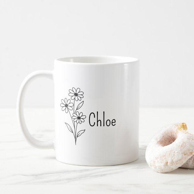 Personalized Birth Flower Ceramic Mug, Custom name Kaffeetasse (Mit Donut)