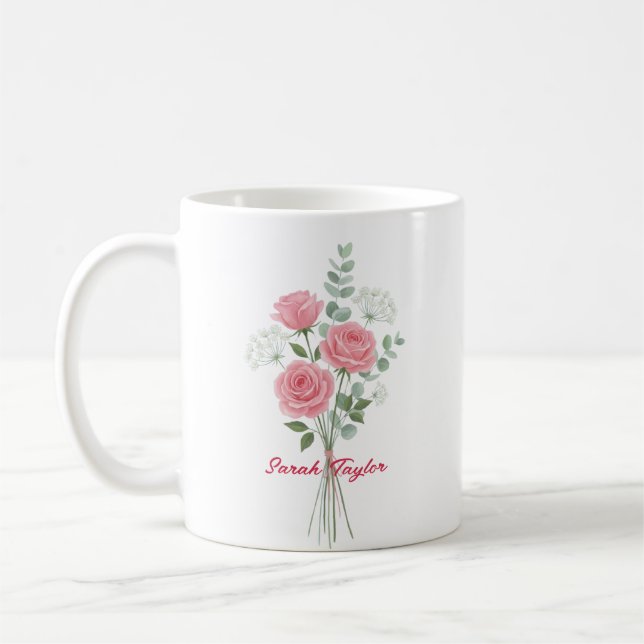 Personalized Birth Flower Pink Rose Custom Kaffeetasse (Links)