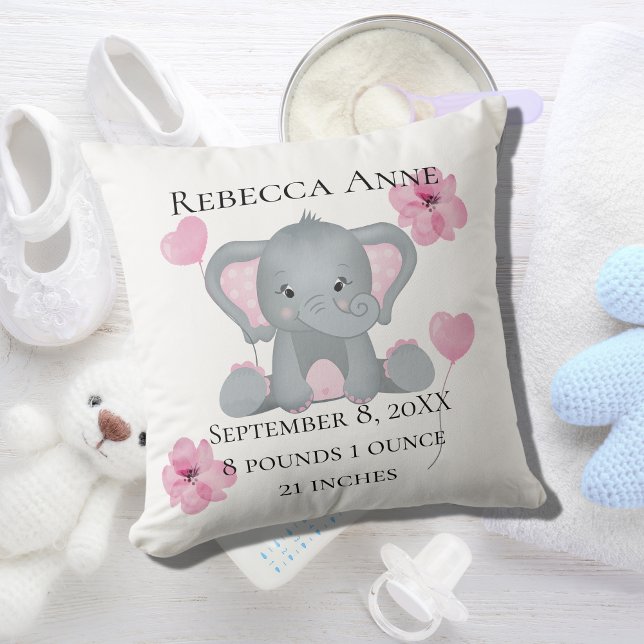 Personalized Birth Stats Baby Elephant Pink Gray  Kissen (Von Creator hochgeladen)