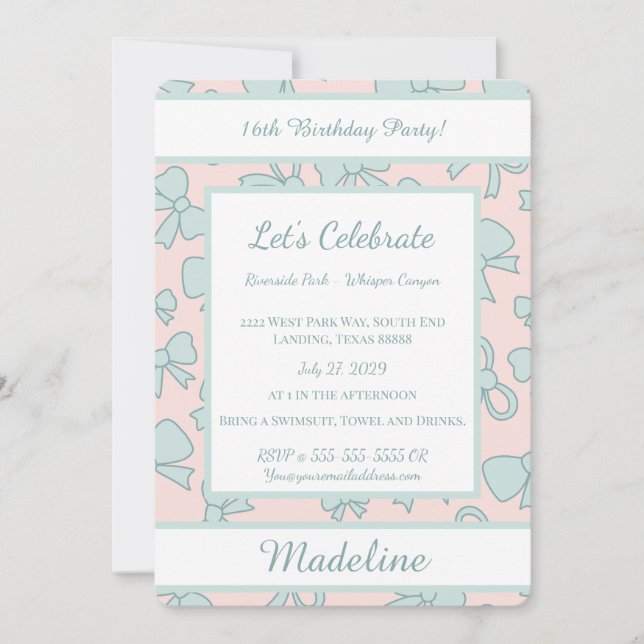 Personalized Birthday Blue Bow Sweet Invitation Einladung (Vorderseite)
