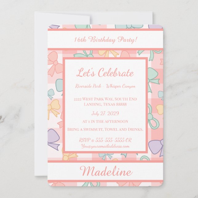 Personalized Birthday Bow Gingham Sweet Invitation (Devant)