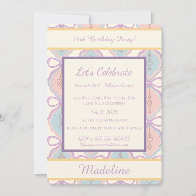 Personalized Birthday Bow Sweet Invitation Blush (Devant)