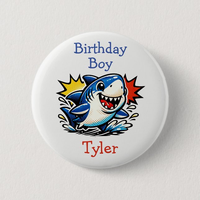 Personalized Birthday Boy Pop Art Shark Button (Vorderseite)