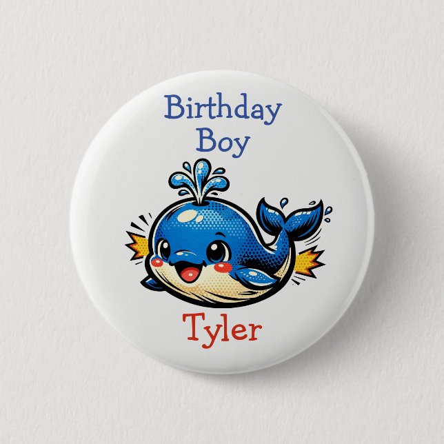 Personalized Birthday Boy Pop Art Whale Button (Vorderseite)