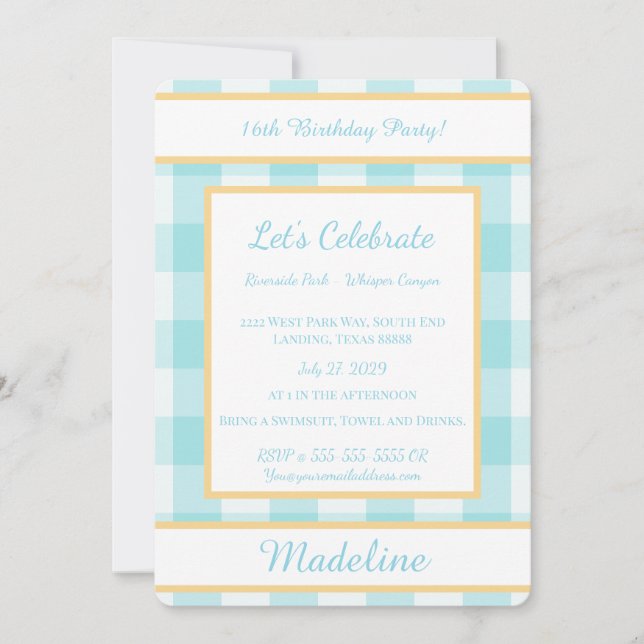 Personalized Birthday Gingham Blue Invitation Einladung (Vorderseite)