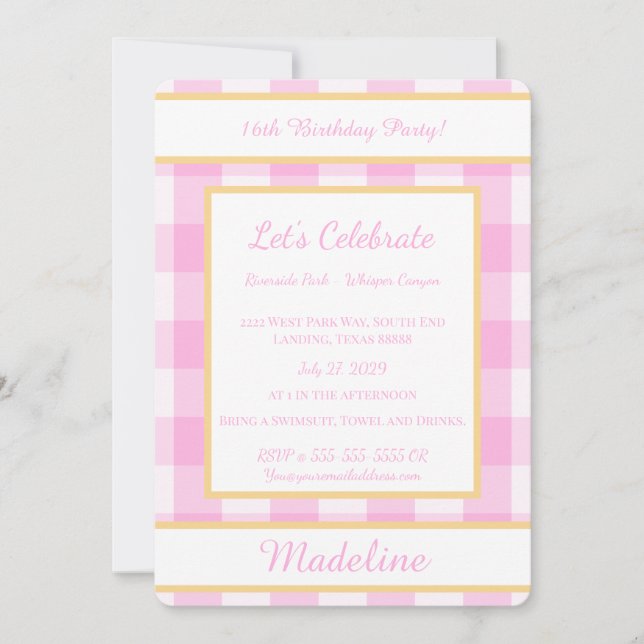 Personalized Birthday Gingham Pink Invitation Einladung (Vorderseite)