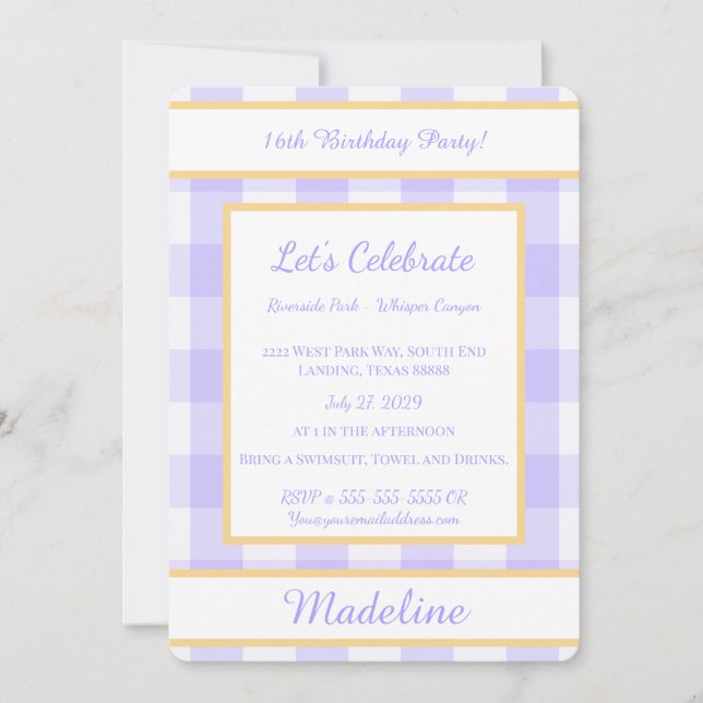 Personalized Birthday Gingham Purple Invitation Einladung (Vorderseite)