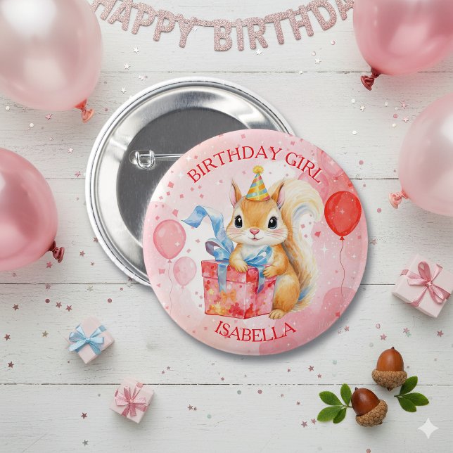 Personalized Birthday Girl's Squirrel Pink and Red Button (Von Creator hochgeladen)