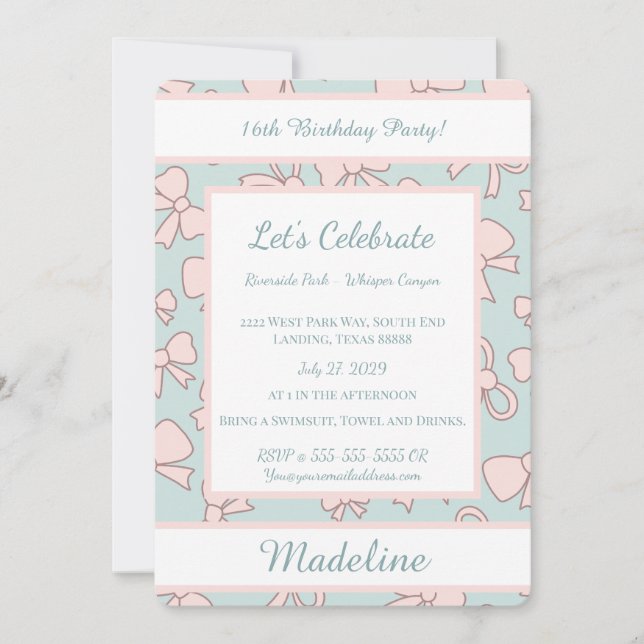 Personalized Birthday Pink Bow Sweet Invitation (Devant)