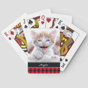 Personalized Black and Red Buffalo Plaid Photo Spielkarten