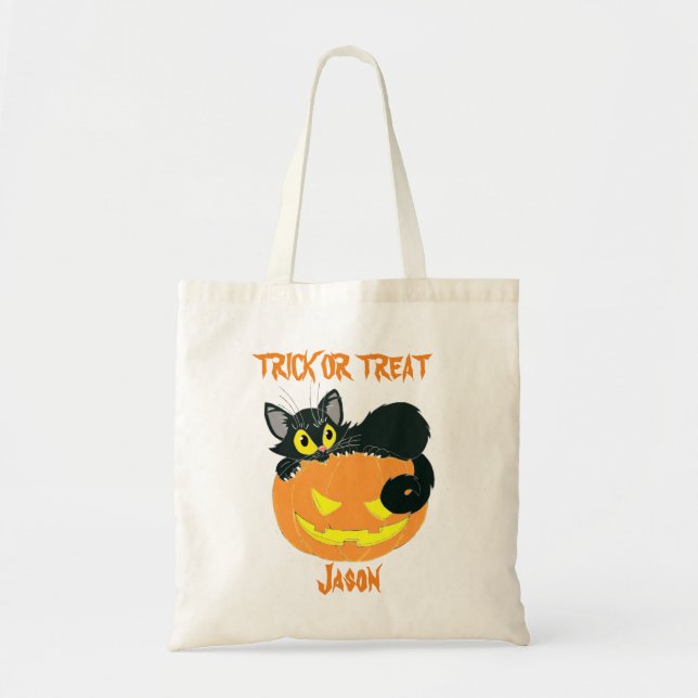 Personalized Black Cat And Pumpkin Trick or Treat Tragetasche (Vorne)