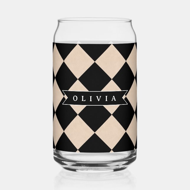 Personalized Black Harlequin Checkered Diamond Dosenglas (Vorderseite)