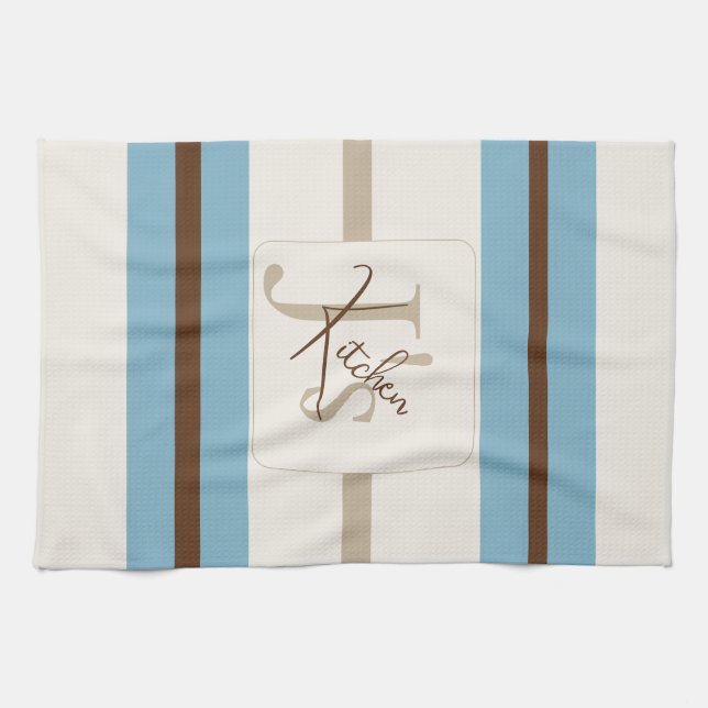 Personalized Blue Brown Stripe Monogram Coastal  Geschirrtuch (Horizontal)