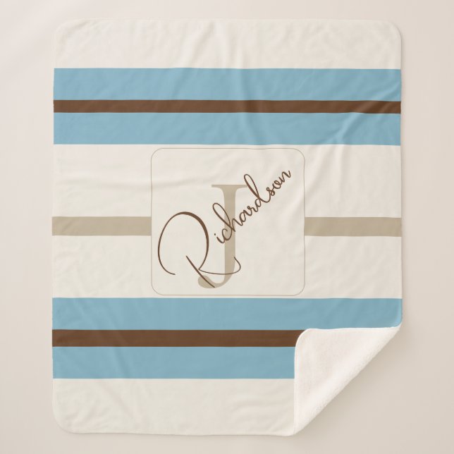 Personalized Blue Brown Stripe Monogram Coastal  Sherpadecke (Vorderseite)