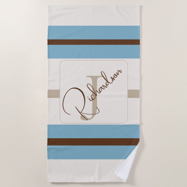 Personalized Blue Brown Stripe Monogram Coastal  Strandtuch (Vorderseite)