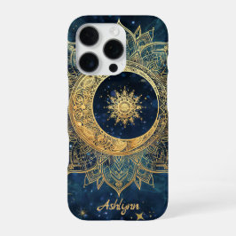 Personalized Blue Celestial Gold Sun Moon Mandala iPhone 16 Pro Hülle