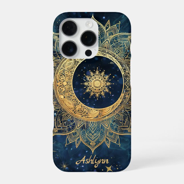 Personalized Blue Celestial Gold Sun Moon Mandala  iPhone 16 Pro Hülle (Rückseite)
