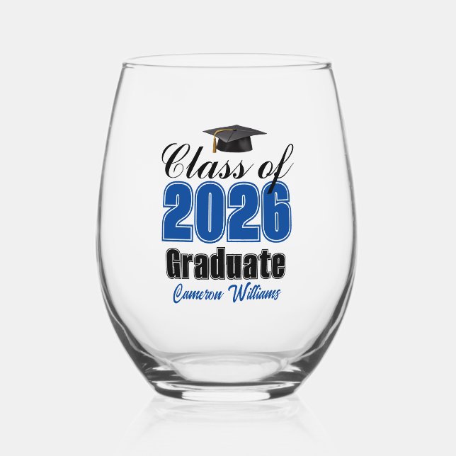 Personalized Blue Class of 2026 Graduation Weinglas Ohne Stiel (Vorderseite)