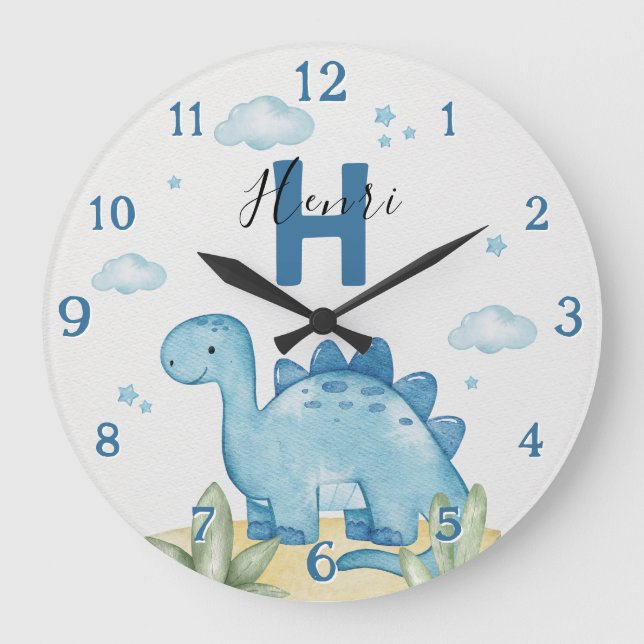 Personalized Blue Dinosaur Nursery Wall Clock Große Wanduhr (Vorderseite)