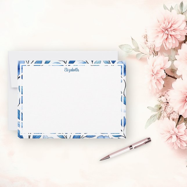 Personalized Blue Floral Flat Note Card Mitteilungskarte (Von Creator hochgeladen)
