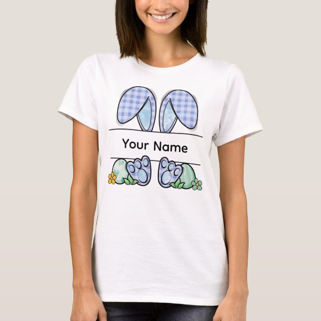 Personalized Blue Gingham Easter Bunny Split Name  T-Shirt (Vorderseite)