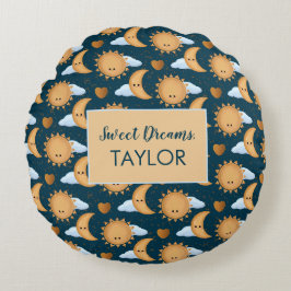 Personalized Blue Gold Sun Moon Sweet Dreams Name Rundes Kissen