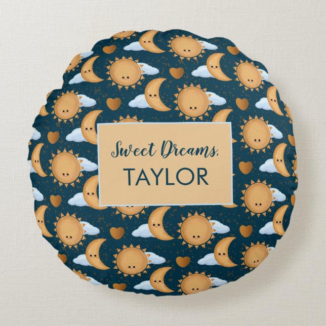 Personalized Blue Gold Sun Moon Sweet Dreams Name Rundes Kissen (Vorderseite)