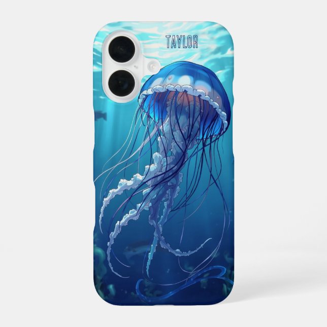 Personalized Blue Jellyfish Ocean iPhone 16 Hülle (Rückseite)