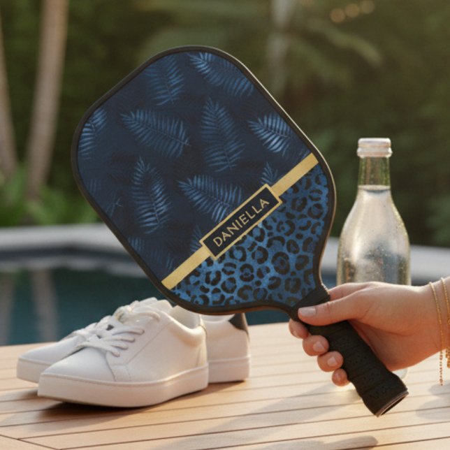 Personalized Blue Leopard Print Tropical Floral Pickleball Schläger (Von Creator hochgeladen)
