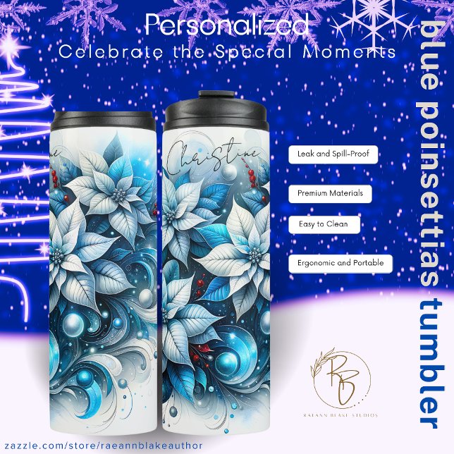 Personalized Blue Poinsettias Thermal Tumbler Thermosbecher (Von Creator hochgeladen)
