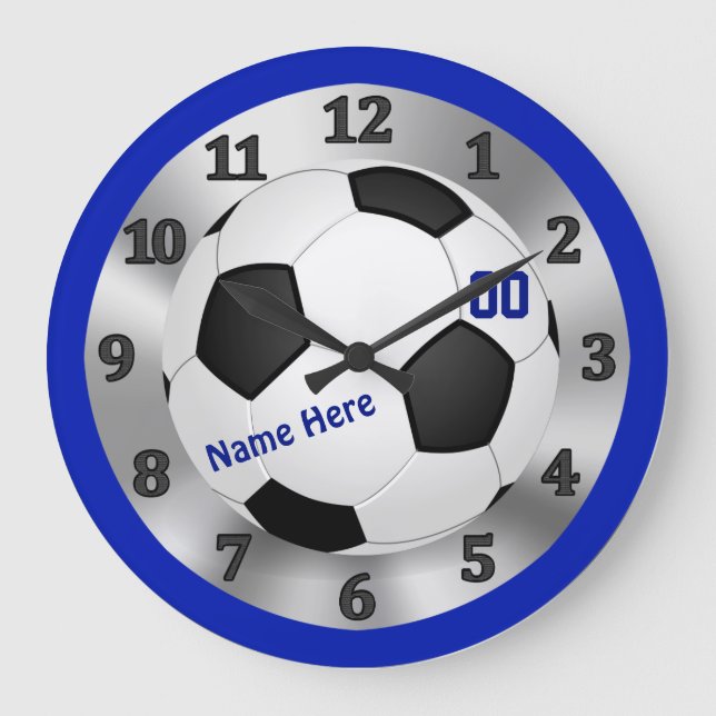 Personalized Blue Soccer Clock, NAME and NUMBER Große Wanduhr (Vorderseite)