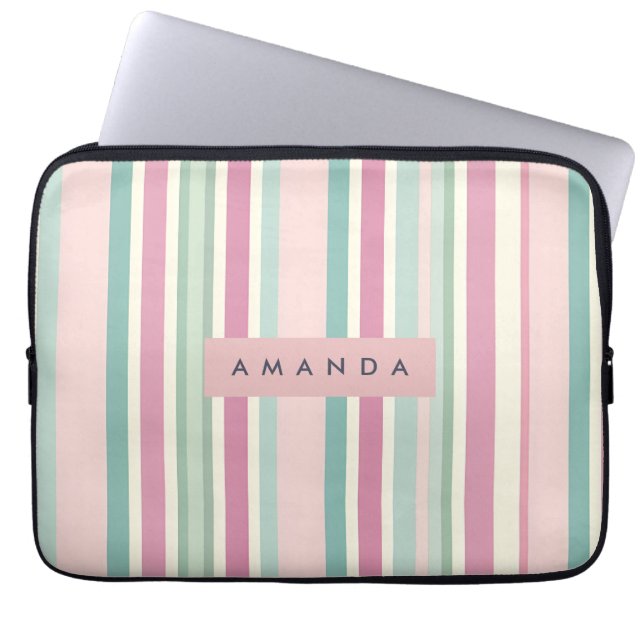 Personalized Blush Mint Pastel Stripes Laptopschutzhülle (Vorderseite)