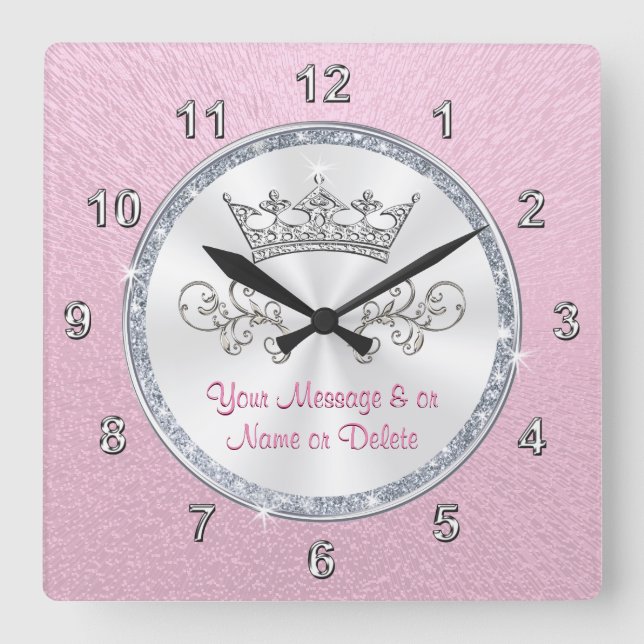 Personalized Blush Pink Clock with Pretty Tiara Quadratische Wanduhr (Vorderseite)