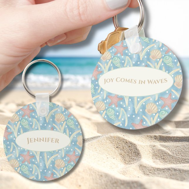 Personalized Boho Beach Keychain – Starfish Shells Schlüsselanhänger (Personalized Boho Beach Joy Comes in Waves Keychain – Starfish & Shells Coastal Design)