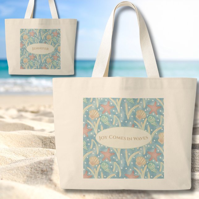 Personalized Boho Beach Tote Bag – Starfish Shells Jumbo Stoffbeutel (Personalized Boho Beach "Joy Comes in Waves" Tote Bag – Starfish & Shells Coastal Design)