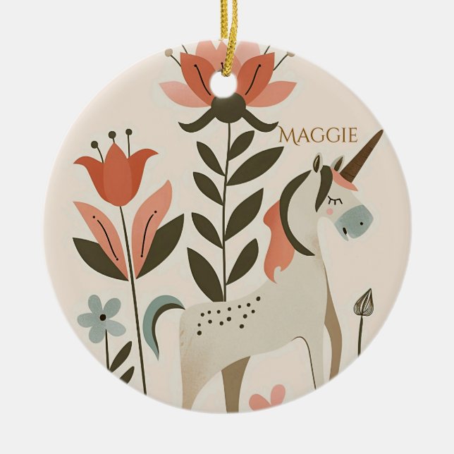 Personalized Boho Unicorn Wildflower Keramik Ornament (Vorne)