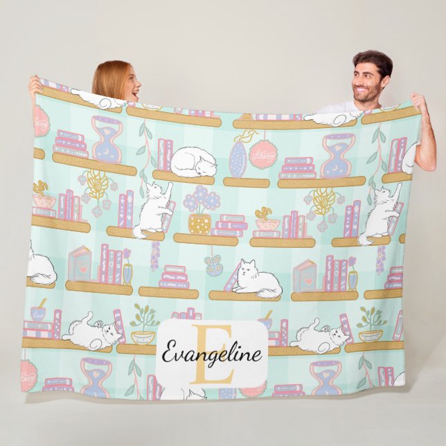 Personalized Bookish Cat Gift Green Pastel Name Fleecedecke (Beispiel)